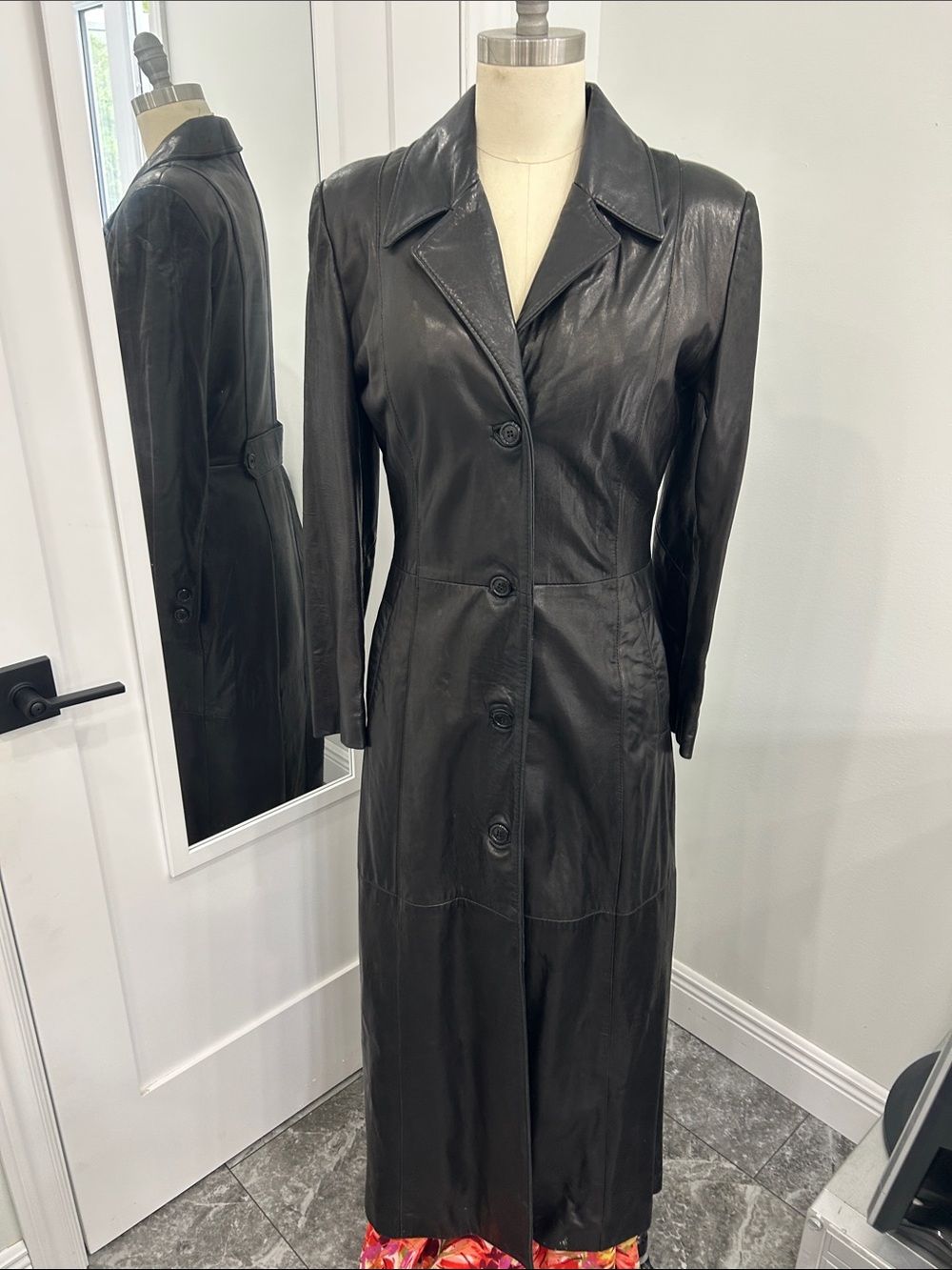 Women's Black Long Leather Trench Coat